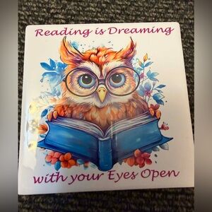 Colorful Owl Reading Art Print Coaster - Blue Book, Orange & Pink Accents